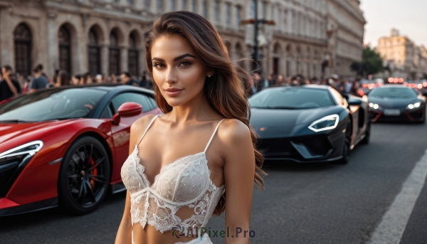 1girl,long hair,breasts,looking at viewer,smile,brown hair,navel,cleavage,brown eyes,jewelry,medium breasts,underwear,collarbone,upper body,earrings,outdoors,solo focus,day,bra,blurry,lips,depth of field,blurry background,lingerie,ground vehicle,lace trim,lace,motor vehicle,realistic,nose,car,road,vehicle focus,street,sports car,solo,bare shoulders,small breasts,multiple boys,city