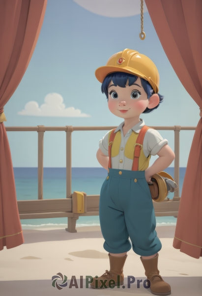 1girl,solo,looking at viewer,blush,smile,short hair,shirt,black hair,1boy,hat,closed mouth,blue hair,standing,full body,white shirt,short sleeves,male focus,boots,outdoors,sky,day,pants,cloud,water,black eyes,vest,blue sky,grey eyes,ocean,beach,brown footwear,suspenders,helmet,curtains,child,hands on hips,railing,horizon,overalls,male child,yellow headwear