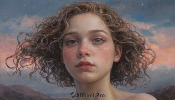 1girl,solo,looking at viewer,short hair,brown hair,brown eyes,outdoors,parted lips,sky,cloud,blue sky,lips,floating hair,wavy hair,cloudy sky,portrait,freckles,curly hair,mountain,realistic,nose,long hair,bare shoulders,mole,eyelashes,mole under eye,wind,star (sky),sunset,painting (medium),mole on cheek