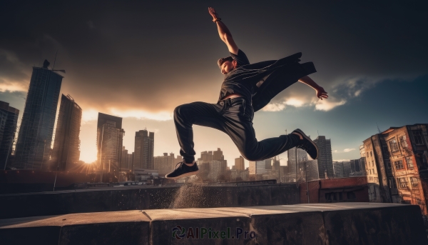solo,open mouth,shirt,black hair,1boy,jacket,male focus,outdoors,sky,shoes,belt,pants,cloud,black footwear,arm up,black shirt,black pants,cloudy sky,ground vehicle,building,sneakers,scenery,motor vehicle,sunset,jumping,city,car,cityscape,skyscraper,short hair,jewelry,full body,short sleeves,open clothes,bracelet,blue sky,black jacket,muscular,facial hair,outstretched arms,watch,sun,wristwatch,bridge,twilight,midair,sunrise,skyline