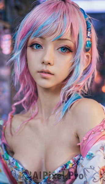 1girl,solo,long hair,breasts,looking at viewer,bangs,blue eyes,cleavage,bare shoulders,medium breasts,underwear,blue hair,collarbone,upper body,pink hair,multicolored hair,hairband,small breasts,parted lips,off shoulder,bra,blurry,two-tone hair,lips,eyelashes,makeup,depth of field,blurry background,realistic,nose,japanese clothes,pink lips