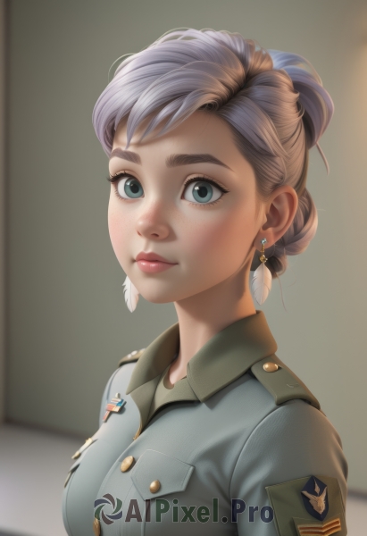 1girl,solo,breasts,looking at viewer,short hair,blue eyes,shirt,jewelry,medium breasts,closed mouth,upper body,braid,grey hair,earrings,collared shirt,artist name,hair bun,blurry,uniform,lips,grey eyes,military,eyelashes,military uniform,buttons,blurry background,single hair bun,thick eyebrows,feathers,freckles,pocket,nose,breast pocket,badge,smile,bangs,brown hair,green eyes,jacket,makeup,watermark,cross,web address,epaulettes,realistic,emblem,military jacket,medal,world war ii