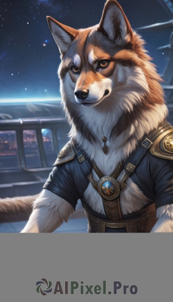 solo,looking at viewer,1boy,brown eyes,jewelry,tail,short sleeves,male focus,outdoors,sky,no humans,night,animal,gem,star (sky),night sky,furry,starry sky,dog,railing,animal focus,white fur,balcony,artist name,necklace,armor,realistic,space,wolf