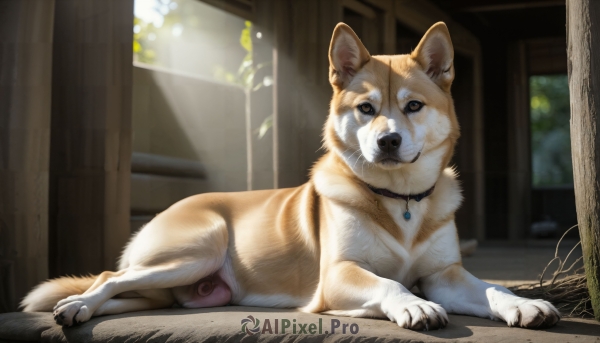 HQ,looking at viewer,brown eyes,full body,lying,day,indoors,blurry,black eyes,collar,no humans,window,blurry background,animal,on side,sunlight,on stomach,dog,realistic,animal focus,white fur,shiba inu,jewelry,signature,necklace,pendant,animal collar