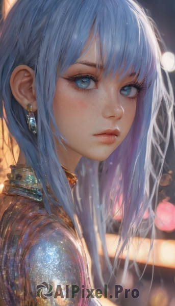 1girl,solo,long hair,looking at viewer,bangs,blue eyes,jewelry,closed mouth,blue hair,upper body,earrings,artist name,blurry,from side,lips,eyelashes,depth of field,blurry background,portrait,freckles,realistic,nose,bokeh,sidelocks,looking to the side,makeup,expressionless,gem,close-up