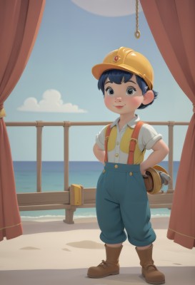 1girl,solo,looking at viewer,blush,smile,short hair,shirt,black hair,1boy,hat,closed mouth,blue hair,standing,full body,white shirt,short sleeves,male focus,boots,outdoors,sky,day,pants,cloud,water,black eyes,vest,blue sky,grey eyes,ocean,beach,brown footwear,suspenders,helmet,curtains,child,hands on hips,railing,horizon,overalls,male child,yellow headwear