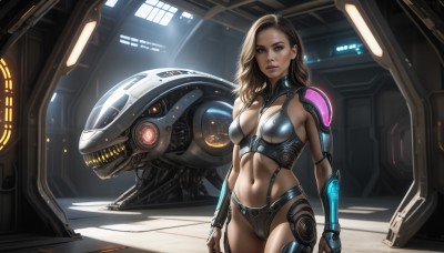 HQ,1girl,solo,long hair,breasts,looking at viewer,blue eyes,brown hair,gloves,navel,cleavage,medium breasts,closed mouth,standing,cowboy shot,midriff,indoors,medium hair,stomach,armor,lips,makeup,glowing,robot,mecha,science fiction,realistic,nose,bikini armor,cyborg,alien,neon trim,spacecraft,power suit,brown eyes,toned,arms at sides