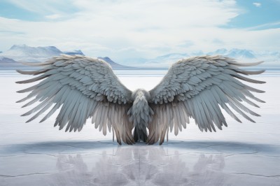 PREMIUM,solo,1boy,standing,outdoors,wings,sky,day,cloud,water,from behind,blue sky,no humans,cloudy sky,scenery,feathered wings,1other,reflection,angel wings,mountain,white wings,angel,facing away,lake,multiple wings,spread wings,large wings,male focus