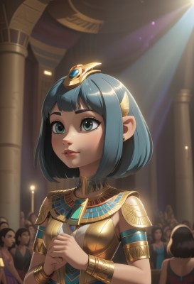 1girl,solo,breasts,smile,short hair,bangs,blue eyes,multiple girls,black hair,hair ornament,dress,jewelry,medium breasts,blue hair,upper body,earrings,small breasts,parted lips,solo focus,pointy ears,blunt bangs,armor,bracelet,aqua eyes,lips,makeup,bob cut,own hands together,tiara,gem,armlet,red lips,bracer,pillar,crowd,egyptian,egyptian clothes,gold armor,candle
