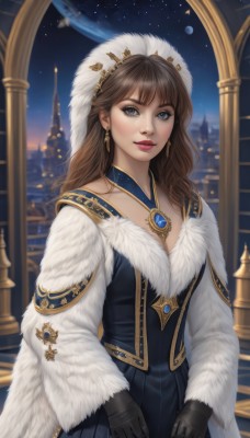 1girl,solo,long hair,breasts,looking at viewer,smile,bangs,blue eyes,brown hair,gloves,long sleeves,hat,dress,cleavage,jewelry,medium breasts,earrings,parted lips,sky,black gloves,necklace,blurry,lips,grey eyes,fur trim,makeup,night,blue dress,watermark,lipstick,gem,star (sky),night sky,starry sky,red lips,planet,standing,upper body,ring,realistic,pillar