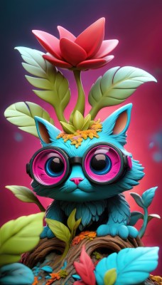 solo,looking at viewer,blue eyes,closed mouth,flower,glasses,artist name,blurry,gradient,gradient background,no humans,depth of field,animal,leaf,cat,plant,goggles,pink flower,freckles,blurry foreground,animal focus,orange flower,sitting,signature,tree,watermark,pink background,web address,round eyewear,branch,straight-on
