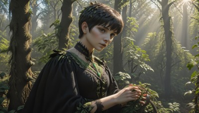 1girl,solo,short hair,bangs,black hair,holding,brown eyes,jewelry,closed mouth,upper body,outdoors,parted lips,choker,day,necklace,black eyes,tree,lips,tattoo,leaf,looking away,sunlight,ring,plant,nature,forest,light rays,realistic,nose,fantasy,looking afar,sunbeam,vines,dappled sunlight,looking at viewer,long sleeves,1boy,male focus,food,fruit,holding food,basket