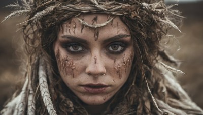 1girl,solo,looking at viewer,brown hair,brown eyes,closed mouth,blurry,lips,depth of field,blurry background,feathers,portrait,close-up,realistic,straight-on,dirty,dirty face,hair ornament,jewelry,braid,eyelashes,freckles,headdress