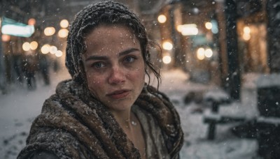 1girl,solo,looking at viewer,black hair,brown eyes,upper body,outdoors,parted lips,dark skin,scarf,blurry,black eyes,lips,depth of field,blurry background,portrait,snow,snowing,realistic,nose,winter clothes,winter,hood,grey eyes,night,freckles