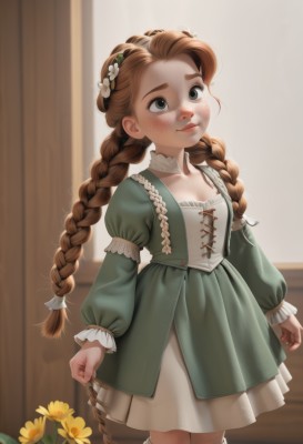 1girl,solo,long hair,breasts,blush,smile,brown hair,hair ornament,long sleeves,dress,twintails,very long hair,closed mouth,standing,braid,flower,small breasts,frills,puffy sleeves,artist name,indoors,hair flower,blurry,twin braids,flat chest,grey eyes,blurry background,feet out of frame,looking up,juliet sleeves,child,clenched hands,freckles,green dress,lolita fashion,yellow flower,arms at sides,female child,lips,looking away,thick eyebrows,nose