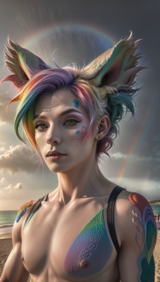 solo,looking at viewer,short hair,1boy,animal ears,brown eyes,jewelry,closed mouth,nipples,blue hair,collarbone,yellow eyes,upper body,purple hair,male focus,multicolored hair,earrings,outdoors,green hair,sky,day,artist name,cloud,signature,lips,tattoo,makeup,ocean,facial mark,piercing,sunlight,cloudy sky,feathers,pectorals,eyeshadow,personification,freckles,topless male,realistic,nose,stud earrings,eyeliner,facepaint,mascara,rainbow hair,1girl,pink hair,nude,water,two-tone hair,eyelashes,watermark,lipstick,web address,extra ears,rainbow,bodypaint