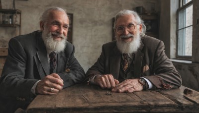 smile,shirt,long sleeves,jewelry,sitting,jacket,closed eyes,white shirt,upper body,white hair,grey hair,male focus,one eye closed,multiple boys,necktie,glasses,day,collared shirt,indoors,2boys,blurry,looking at another,vest,black jacket,window,blurry background,facial hair,formal,table,ring,suit,wing collar,black necktie,beard,watch,realistic,round eyewear,mustache,wedding ring,wristwatch,bald,manly,old,old man,black suit,brown necktie,wrinkled skin,looking at viewer,short hair,open mouth,green eyes,teeth,striped,grin,scar,red necktie,scar on face,desk,scar across eye,map