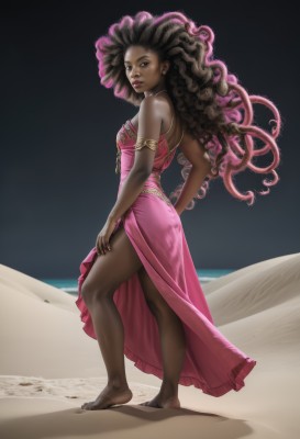 1girl,solo,long hair,breasts,looking at viewer,brown hair,black hair,dress,bare shoulders,brown eyes,jewelry,standing,full body,pink hair,ass,earrings,small breasts,barefoot,looking back,dark skin,nail polish,feet,dark-skinned female,lips,fingernails,hand on hip,strapless,toes,pink dress,black nails,strapless dress,armlet,side slit,toenails,curly hair,nose,sand,long dress,very dark skin,desert,dirty feet,medium breasts,multicolored hair,necklace,from behind,makeup,beach,realistic,dirty