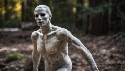 solo,1boy,closed mouth,nipples,male focus,nude,outdoors,blurry,mask,muscular,blurry background,colored skin,parody,nature,forest,realistic,bald,no pupils,chest hair,horror (theme),what,navel,white hair,old,old man