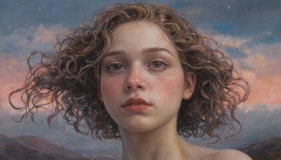 1girl,solo,looking at viewer,short hair,brown hair,brown eyes,outdoors,parted lips,sky,cloud,blue sky,lips,floating hair,wavy hair,cloudy sky,portrait,freckles,curly hair,mountain,realistic,nose,long hair,bare shoulders,mole,eyelashes,mole under eye,wind,star (sky),sunset,painting (medium),mole on cheek