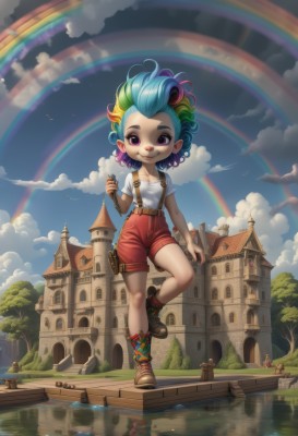 1girl,solo,breasts,looking at viewer,smile,short hair,shirt,holding,jewelry,closed mouth,blue hair,standing,purple eyes,collarbone,full body,white shirt,purple hair,short sleeves,multicolored hair,small breasts,boots,outdoors,green hair,sky,shoes,shorts,teeth,day,socks,belt,artist name,cloud,water,necklace,bag,two-tone hair,tree,blue sky,short shorts,gradient hair,makeup,bird,animal,watermark,brown footwear,leg up,standing on one leg,suspenders,cloudy sky,building,messy hair,child,web address,cross-laced footwear,reflection,walking,curly hair,pouch,lace-up boots,female child,ankle boots,overalls,red shorts,house,bridge,ripples,rainbow,brown shorts,river,castle,tower,colorful,suspender shorts,rainbow hair,pink hair,multiple boys,solo focus,pink eyes,grass,watercraft,boat,mohawk,afro