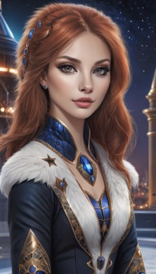 1girl,solo,long hair,breasts,looking at viewer,smile,brown hair,hair ornament,cleavage,brown eyes,jewelry,upper body,earrings,outdoors,sky,artist name,necklace,lips,coat,fur trim,night,watermark,gem,star (sky),night sky,starry sky,freckles,realistic,nose,dress,medium breasts,star (symbol),eyelashes,makeup,lipstick,fur collar,mascara