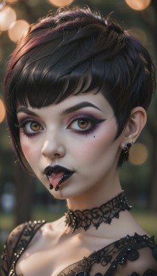 1girl,solo,breasts,looking at viewer,short hair,open mouth,bangs,black hair,dress,cleavage,brown eyes,jewelry,collarbone,upper body,earrings,teeth,choker,tongue,artist name,tongue out,mole,blurry,black dress,see-through,eyelashes,mole under eye,makeup,depth of field,blurry background,fangs,black choker,piercing,lipstick,ear piercing,portrait,eyeshadow,freckles,nose,eyeliner,very short hair,bokeh,mascara,gothic,black lips,tongue piercing,eyebrow piercing,forked tongue,necklace,lips,lace,realistic