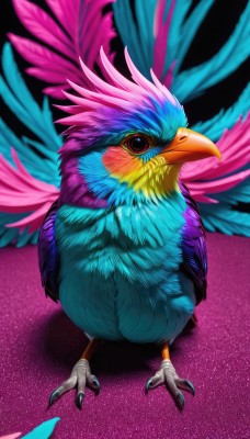 solo,looking at viewer,closed mouth,standing,full body,wings,blurry,pokemon (creature),no humans,bird,animal,feathers,purple background,realistic,animal focus,talons,beak,spread wings,blue feathers,pink background