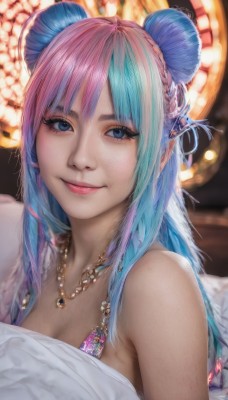 1girl,solo,long hair,breasts,looking at viewer,smile,bangs,blue eyes,hair ornament,cleavage,bare shoulders,jewelry,medium breasts,closed mouth,blue hair,upper body,pink hair,braid,multicolored hair,artist name,signature,necklace,hair bun,blurry,two-tone hair,lips,eyelashes,double bun,aqua hair,makeup,gem,eyeshadow,freckles,realistic,nose,mascara,dress,animal ears,blurry background,lipstick