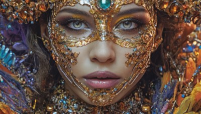 1girl,solo,long hair,looking at viewer,blue eyes,brown hair,black hair,brown eyes,jewelry,closed mouth,earrings,parted lips,pointy ears,artist name,blurry,lips,grey eyes,eyelashes,makeup,lipstick,gem,portrait,close-up,eyeshadow,circlet,realistic,nose,red lips,gold,mascara,short hair,yellow eyes,eyeliner