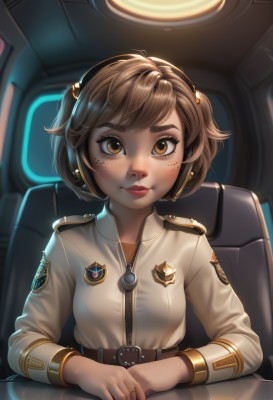 1girl,solo,breasts,looking at viewer,smile,short hair,bangs,brown hair,hair ornament,long sleeves,brown eyes,sitting,closed mouth,upper body,belt,artist name,uniform,lips,military,eyelashes,military uniform,headphones,chair,thick eyebrows,own hands together,zipper,headset,freckles,badge,cockpit,blush,twintails,jewelry,earrings,hair bobbles,short twintails