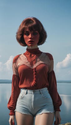 1girl,solo,breasts,looking at viewer,short hair,bangs,blue eyes,brown hair,shirt,long sleeves,medium breasts,standing,flower,cowboy shot,outdoors,parted lips,sky,shorts,teeth,day,cloud,nail polish,sweater,blue sky,lips,short shorts,bob cut,denim,red shirt,red nails,denim shorts,realistic,arms at sides,cutoffs,red sweater,high-waist shorts,brown eyes,small breasts,makeup,turtleneck,sunlight,cloudy sky,lipstick,red lips