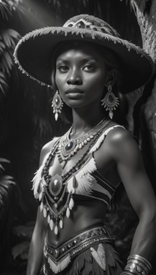 1girl,solo,long hair,breasts,looking at viewer,hat,navel,cleavage,bare shoulders,jewelry,monochrome,upper body,braid,greyscale,earrings,small breasts,midriff,dark skin,necklace,bracelet,dark-skinned female,tree,lips,feathers,nature,realistic,nose,dappled sunlight,tribal,tooth necklace,skirt,outdoors,signature,crop top,hand on hip,piercing,sunlight,gem,freckles,navel piercing