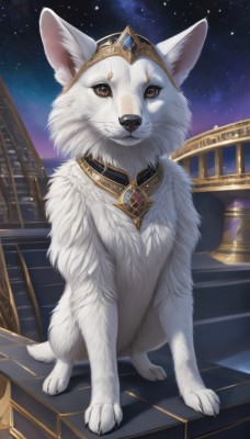 solo,looking at viewer,brown eyes,jewelry,sitting,closed mouth,full body,outdoors,sky,no humans,night,animal,scar,cat,gem,star (sky),night sky,starry sky,dog,stairs,railing,animal focus,white fur,blue gemstone,red gemstone,standing,necklace,tiara,crown,realistic