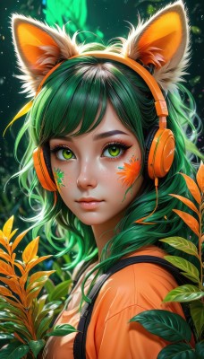 1girl,solo,long hair,looking at viewer,bangs,shirt,animal ears,closed mouth,green eyes,upper body,green hair,artist name,cat ears,blurry,from side,lips,animal ear fluff,fox ears,eyelashes,makeup,fake animal ears,headphones,leaf,watermark,facial mark,plant,web address,freckles,nose,whisker markings,facepaint,orange shirt,animal ear headphones,thick eyebrows,messy hair,light particles,eyeshadow,eyeliner,mascara