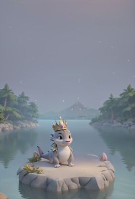 solo,smile,open mouth,tail,full body,outdoors,sky,water,black eyes,tree,pokemon (creature),no humans,night,bird,crown,star (sky),night sky,starry sky,reflection,rock,animal focus,shell,lake,blue eyes,green eyes,virtual youtuber,scenery