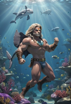 solo,long hair,blonde hair,1boy,navel,jewelry,nipples,full body,male focus,boots,belt,cape,muscular,facial hair,animal,thick thighs,abs,sunlight,pectorals,muscular male,bara,beard,clenched hands,fish,large pectorals,bulge,topless male,light rays,mature male,underwater,bracer,manly,male swimwear,biceps,swimming,shark,turtle,swim briefs,dolphin,coral,looking at viewer,white hair,thighs,dark skin,necklace,stomach,glowing,ocean,dark-skinned male,glowing eyes,bubble,air bubble,male underwear,submerged,briefs,freediving