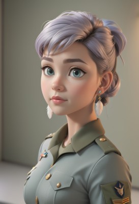 1girl,solo,breasts,looking at viewer,short hair,blue eyes,shirt,jewelry,medium breasts,closed mouth,upper body,braid,grey hair,earrings,collared shirt,artist name,hair bun,blurry,uniform,lips,grey eyes,military,eyelashes,military uniform,buttons,blurry background,single hair bun,thick eyebrows,feathers,freckles,pocket,nose,breast pocket,badge,smile,bangs,brown hair,green eyes,jacket,makeup,watermark,cross,web address,epaulettes,realistic,emblem,military jacket,medal,world war ii