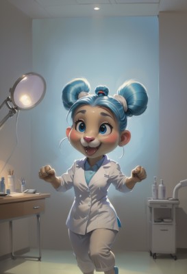 1girl,solo,blush,smile,short hair,open mouth,blue eyes,shirt,hair ornament,blue hair,standing,:d,teeth,pants,indoors,hair bun,double bun,standing on one leg,thick eyebrows,blue shirt,child,furry,clenched hands,mirror,furry female,labcoat,white coat,female child,lamp,buck teeth,twintails,pen