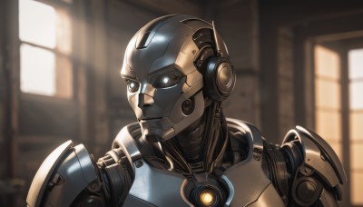 solo,blue eyes,1boy,upper body,male focus,indoors,armor,blurry,looking to the side,no humans,window,blurry background,glowing,robot,portrait,mecha,science fiction,realistic,android,cyborg,robot joints,humanoid robot,sunlight,glowing eyes,bald,white eyes,looking ahead