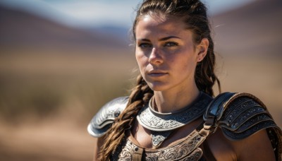 1girl,solo,long hair,looking at viewer,brown hair,brown eyes,jewelry,closed mouth,upper body,braid,earrings,dark skin,armor,blurry,dark-skinned female,lips,blurry background,shoulder armor,portrait,hair over shoulder,freckles,pauldrons,realistic,nose,dirty