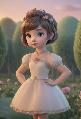 1girl,solo,looking at viewer,smile,short hair,brown hair,hair ornament,dress,brown eyes,jewelry,closed mouth,standing,flower,short sleeves,outdoors,puffy sleeves,hair flower,necklace,white dress,blurry,tree,puffy short sleeves,lips,see-through,depth of field,blurry background,grass,child,nature,hands on hips,realistic,nose,female child