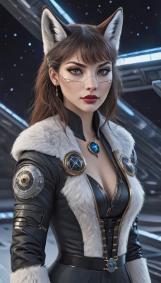 1girl,solo,long hair,breasts,looking at viewer,bangs,brown hair,long sleeves,animal ears,cleavage,brown eyes,jewelry,medium breasts,closed mouth,jacket,upper body,earrings,belt,cat ears,necklace,mole,blurry,lips,coat,animal ear fluff,fur trim,fox ears,makeup,blurry background,lipstick,gem,extra ears,pendant,eyeshadow,science fiction,nose,red lips,hair behind ear,glasses,artist name,bodysuit,wolf ears,realistic