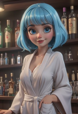 1girl,solo,breasts,looking at viewer,blush,smile,short hair,bangs,blue eyes,long sleeves,cleavage,medium breasts,blue hair,standing,collarbone,upper body,small breasts,parted lips,shiny,artist name,indoors,wide sleeves,blunt bangs,medium hair,nail polish,blurry,lips,fingernails,eyelashes,makeup,blurry background,watermark,bob cut,thick eyebrows,bottle,lipstick,web address,alcohol,eyeshadow,freckles,robe,realistic,nose,red lips,shelf,mascara,bar (place),white robe,bathrobe