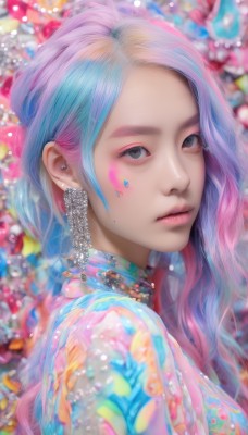 1girl,solo,long hair,looking at viewer,jewelry,closed mouth,blue hair,upper body,pink hair,multicolored hair,earrings,parted lips,necklace,mole,blurry,black eyes,from side,two-tone hair,lips,grey eyes,gradient hair,makeup,depth of field,blurry background,piercing,gem,portrait,eyeshadow,pink lips,realistic,nose,colorful,artist name,eyelashes,watermark,wavy hair,mole under mouth,forehead,pearl (gemstone),mole on cheek