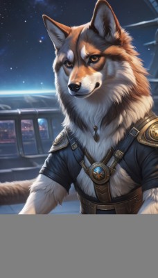 solo,looking at viewer,1boy,brown eyes,jewelry,tail,short sleeves,male focus,outdoors,sky,no humans,night,animal,gem,star (sky),night sky,furry,starry sky,dog,railing,animal focus,white fur,balcony,artist name,necklace,armor,realistic,space,wolf