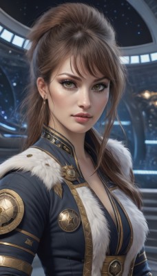 1girl,solo,long hair,breasts,looking at viewer,bangs,brown hair,cleavage,brown eyes,jewelry,medium breasts,closed mouth,jacket,upper body,ponytail,earrings,blurry,lips,fur trim,eyelashes,makeup,freckles,realistic,nose,artist name,uniform,fur collar,emblem,badge