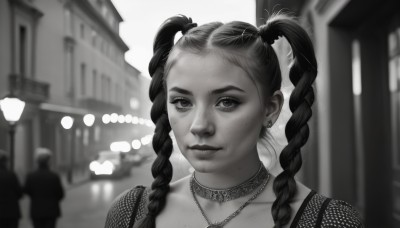 1girl,solo,long hair,looking at viewer,twintails,jewelry,closed mouth,collarbone,monochrome,upper body,braid,greyscale,earrings,outdoors,solo focus,choker,artist name,necklace,mole,blurry,twin braids,lips,depth of field,blurry background,building,portrait,forehead,freckles,city,realistic,nose,multiple braids,bangs,heart,mole under eye