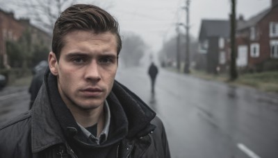 solo,looking at viewer,short hair,brown hair,shirt,black hair,1boy,brown eyes,closed mouth,jacket,upper body,male focus,outdoors,collared shirt,blurry,black eyes,coat,black jacket,blurry background,facial hair,ground vehicle,building,motor vehicle,realistic,stubble,road,house,street,leather jacket,photo background,day,artist name,tree,black shirt,depth of field,expressionless,portrait,beard,black coat,grey sky