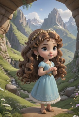 1girl,solo,long hair,brown hair,dress,brown eyes,jewelry,very long hair,standing,full body,flower,short sleeves,earrings,outdoors,sky,day,pointy ears,cloud,necklace,bracelet,blue sky,lips,blue dress,wavy hair,sandals,grass,tiara,crown,child,curly hair,rock,mountain,fantasy,female child,blue eyes,hair ornament,closed mouth,artist name,chibi,puffy short sleeves